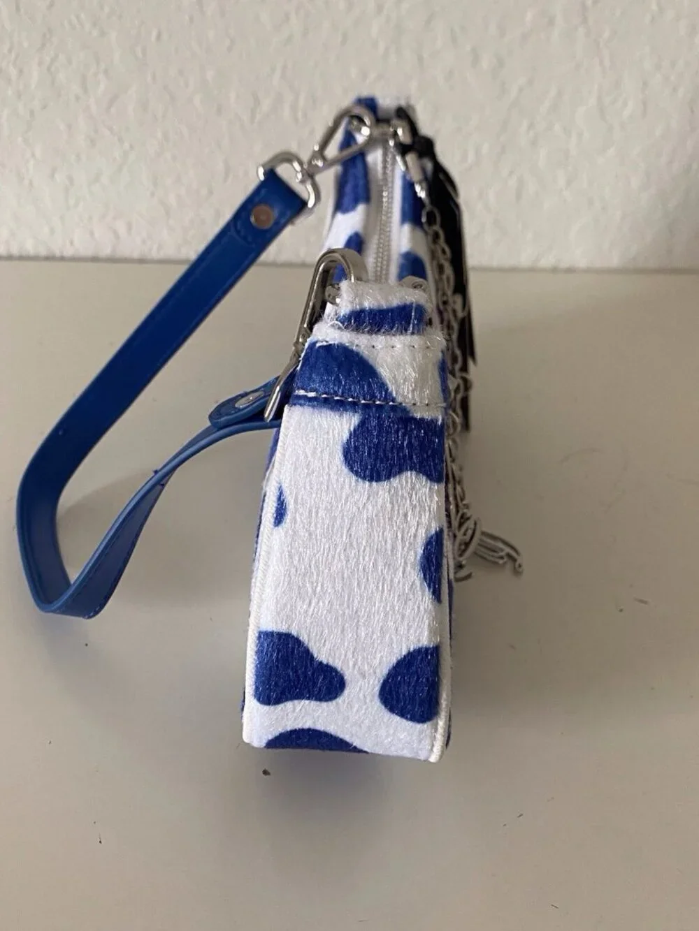 Von Dutch Vegan Pony Hair Blue Cow‎ Print Shoulder Bag W/Charms NEW